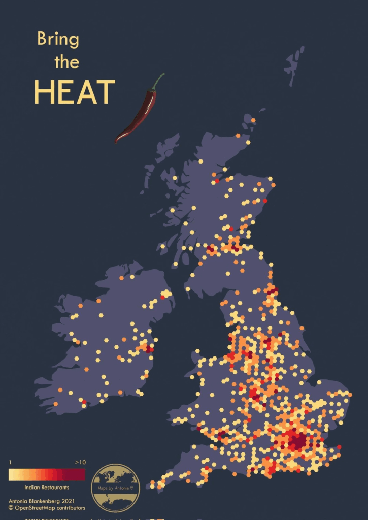Density Heat Map of Indian Restaurants Across Great Britain and Ireland [OC]
