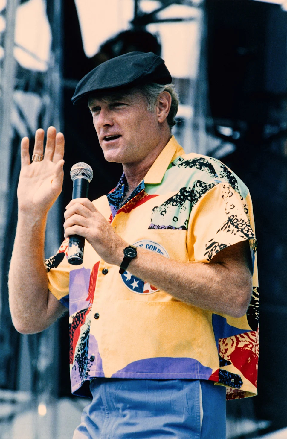 Mike Love of the Beach Boys performs on stage during the first Live Aid concert.