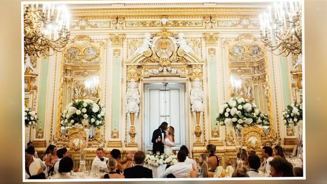The couple kissed at the reception.