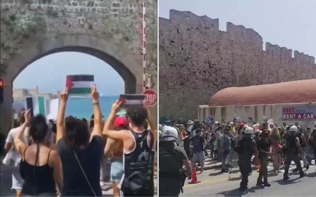 Greek riot police clash with anti-Israel protesters as Israeli ship docks in Rhodes