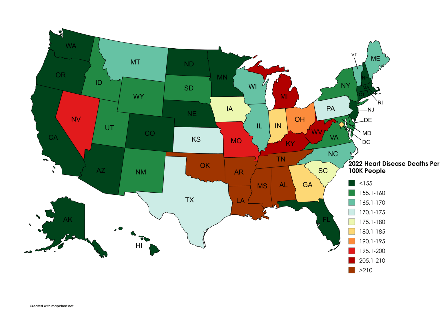 [OC] 2022 Heart Disease Deaths Per 100K People By U.S. State [Data: CDC 'National Center for Health Statistics' / Tool: Mapchart.net]