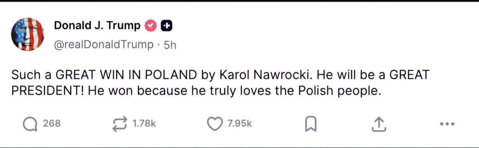 Trump's reaction to Karol Nawrocki's victory in presidential election