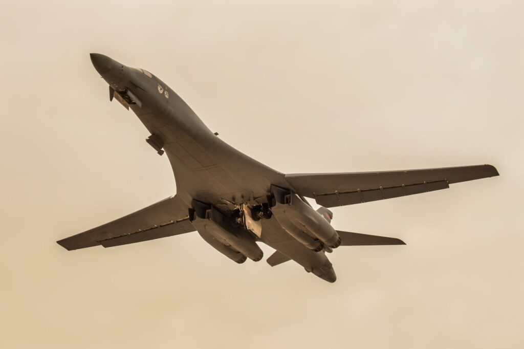 America Might Soon Bomb Iran Again and Again A B-1B Lancer aircraft from the 34th Bomb Squadron departs from Al Udeid Air Base, Qatar, April 8, 2017. This departure marks the airframe’s first mission in the U.S. Air Force Central Command's area of operations in more than two years. (U.S. Air Force photo by Staff Sgt. Joshua Horton)