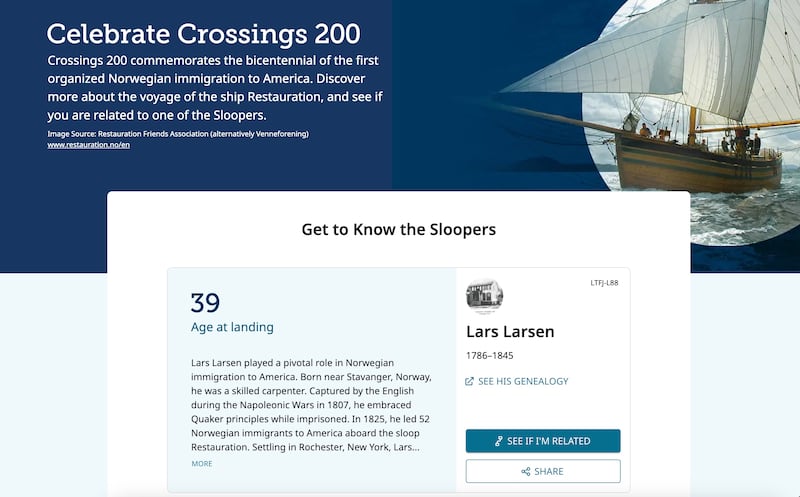 A screenshot from FamilySearch's "Celebrate Crossings 200" page displays information about Lars Larsen, a passenger on the 1825 voyage of the Restauration. A replica of the ship left Stavanger, Norway, on July 4, 2025, to retrace the ship’s original route.