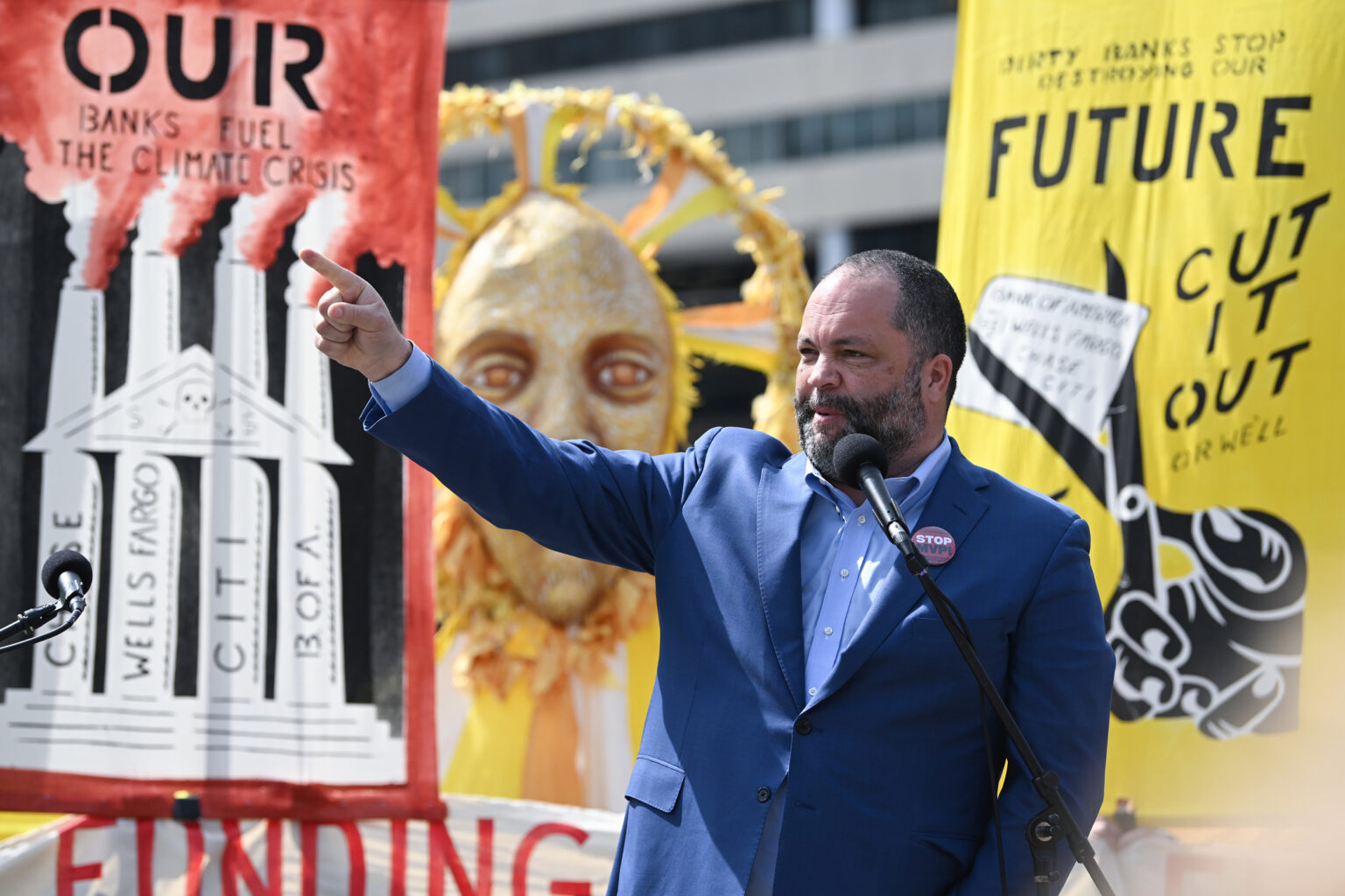 Ben Jealous of the Sierra Club speaks in Franklin Park during Day of Action as climate demonstrators protested several banks on March 21, 2023, in Washington, D.C. Credit: Matt McClain/The Washington Post via Getty Images