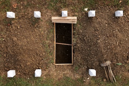 Aerial view of one of the newly excavated graves before the mass funeral in Potocari, Bosnia.