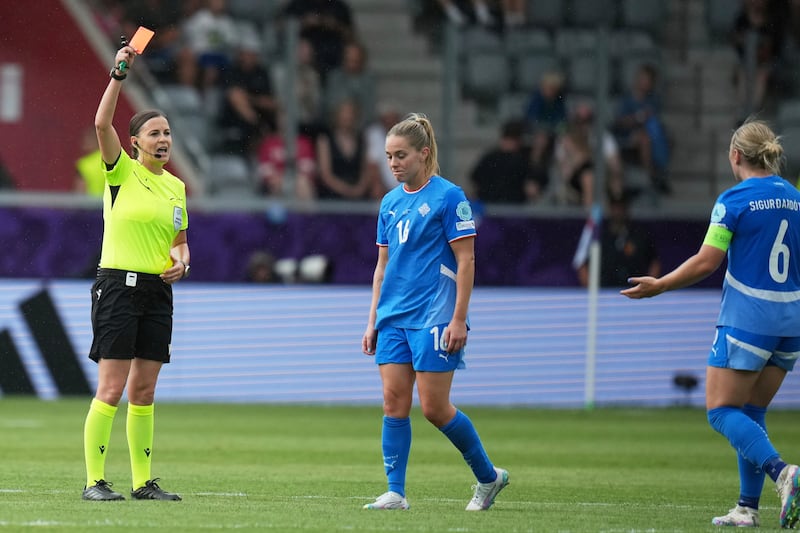 Iceland’s Hildur Antonsdottir was sent off (AP Photo/Alessandra Tarantino)