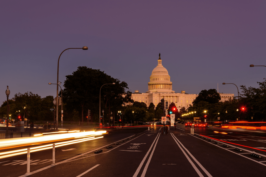 Capitol Building and Pennsylvania Avenue at dawn.