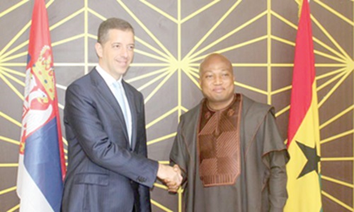 Samuel Okudzeto Ablakwa (right), the Minister of Foreign Affairs in a handshake with Marko Đurić (left), the Serbian Minister of Foreign Affairs, after the press briefing