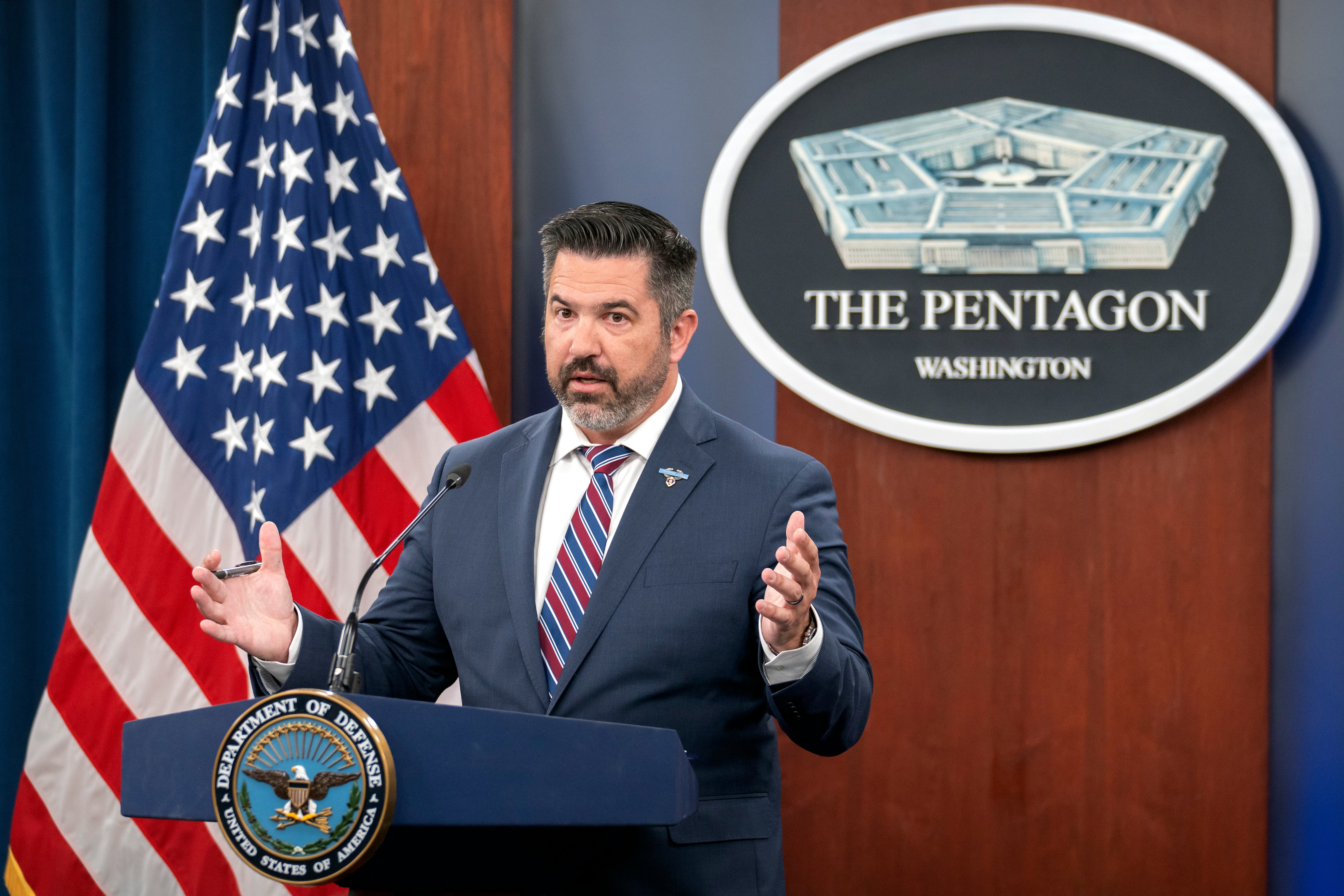 Pentagon spokesperson Sean Parnell speaks during a press briefing at the Pentagon