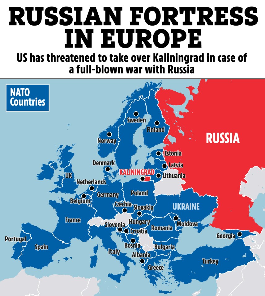 Map showing Kaliningrad and surrounding countries, highlighting the potential US response to a war with Russia.