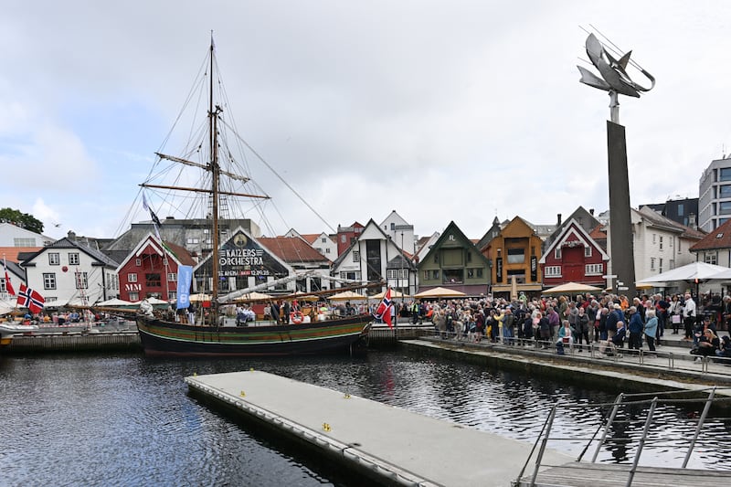 A replica of the Restauration ship in Stavanger, Norway, on July 4, 2025. The ship set sail exactly 200 years after the original Restauration did and is currently retracing the ship’s voyage to America.