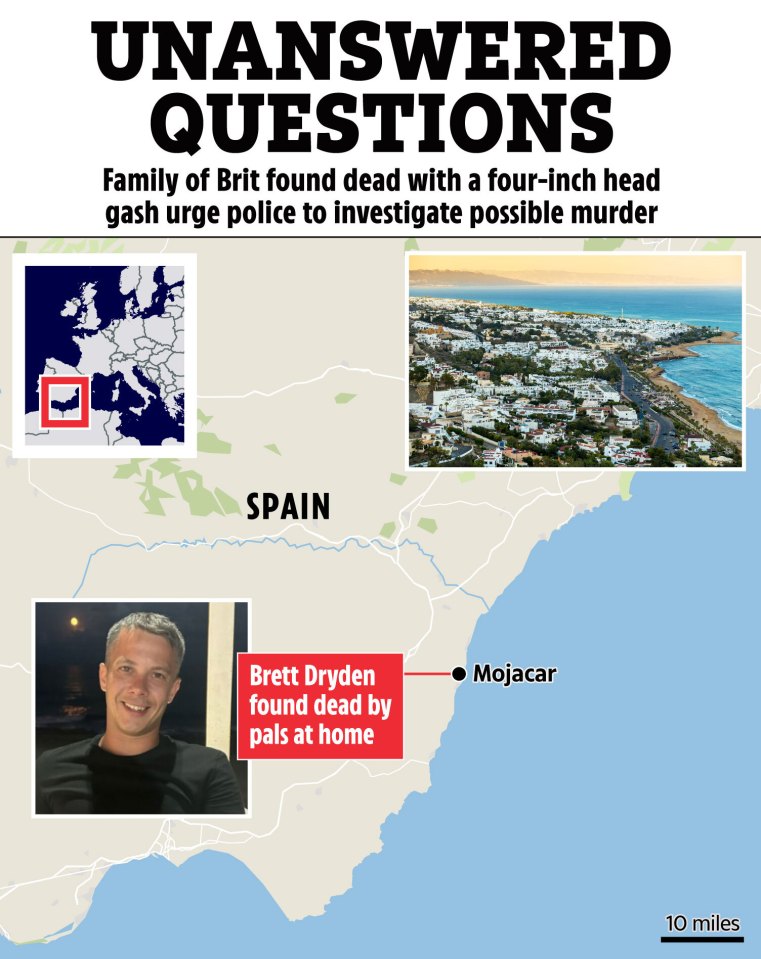 Illustration of a map showing the location of Mojácar, Spain, where Brett Dryden was found dead, along with his photo and a smaller map of Europe.