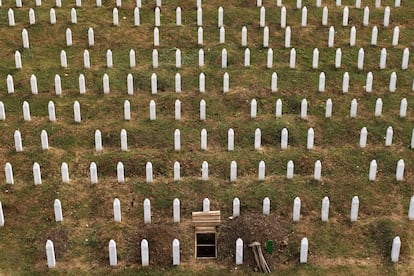 Aerial view of the Srebrenica Memorial Center and one of the dug graves, Thursday, in Bosnia and Herzegovina.