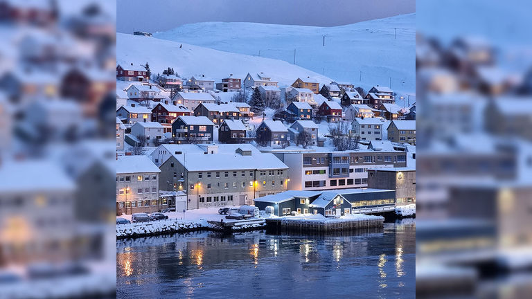 The ship stops at small ports, such as Honningsvag.