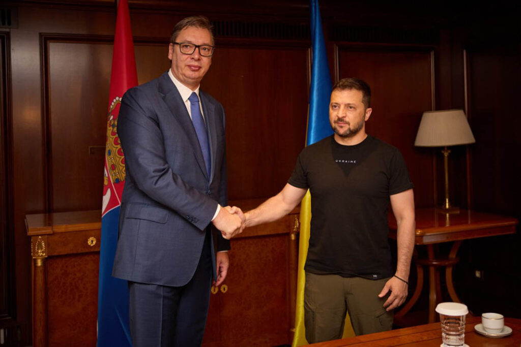 President of Serbia Aleksandar Vučić (left) shaking hands with President Volodymyr Zelenskyy (right) on the sidelines of the Athens 2023 summit. Serbia has attempted to maintain a delicate diplomatic balance to keep both Russia and the EU on side. [Office of the President of Ukraine]