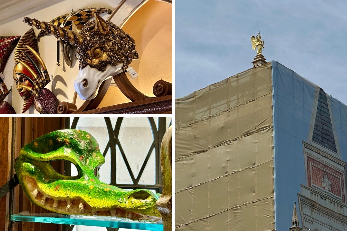 Collage: unicorn and crocodile masks, EPCOT photo report, golden statue atop a building covered in scaffolding and tarps.