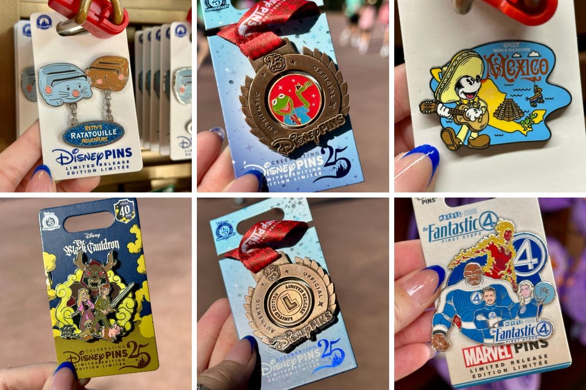 Six Disney collectible pins, including EPCOT-themed designs, held in hand or displayed on store backing cards.
