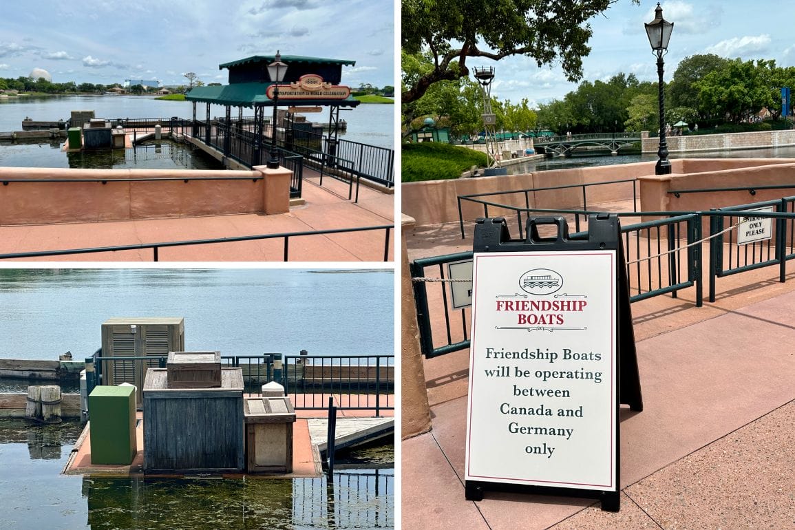 Empty EPCOT boat dock with sign: "Friendship Boats will be operating between Canada and Germany only"—PHOTO REPORT 2025.