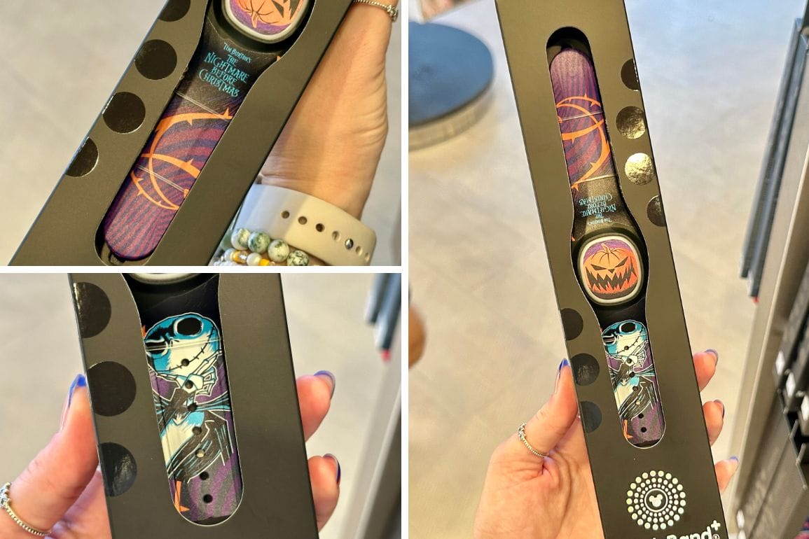 Photo report: Collage of hands holding Nightmare Before Christmas-themed MagicBands in black packaging at EPCOT store.
