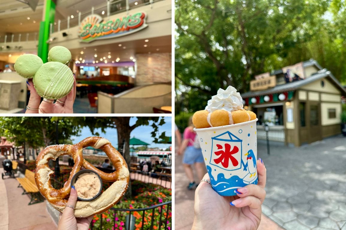 Photo report: A collage of EPCOT snacks—a green Mickey macaron, pretzel with dip, and waffle sundae cup.