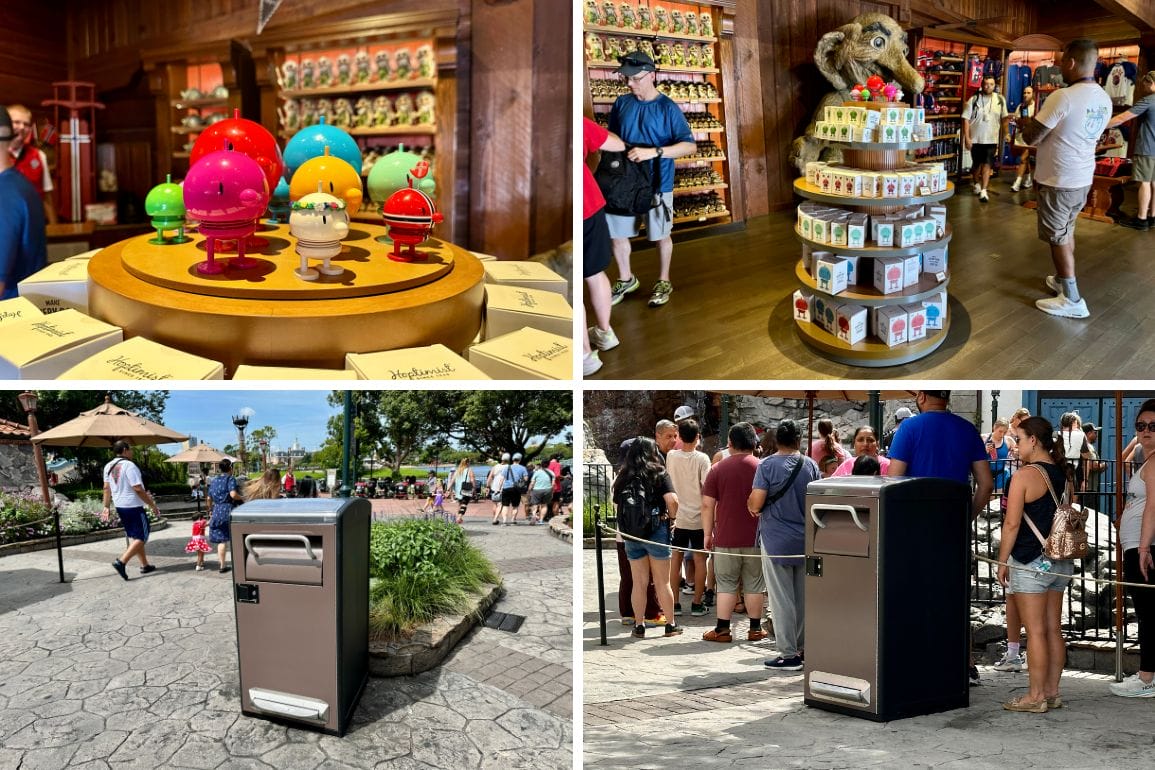 Collage photo report of EPCOT parks merchandise and trash cans, both in stores and outdoors with guests walking around.