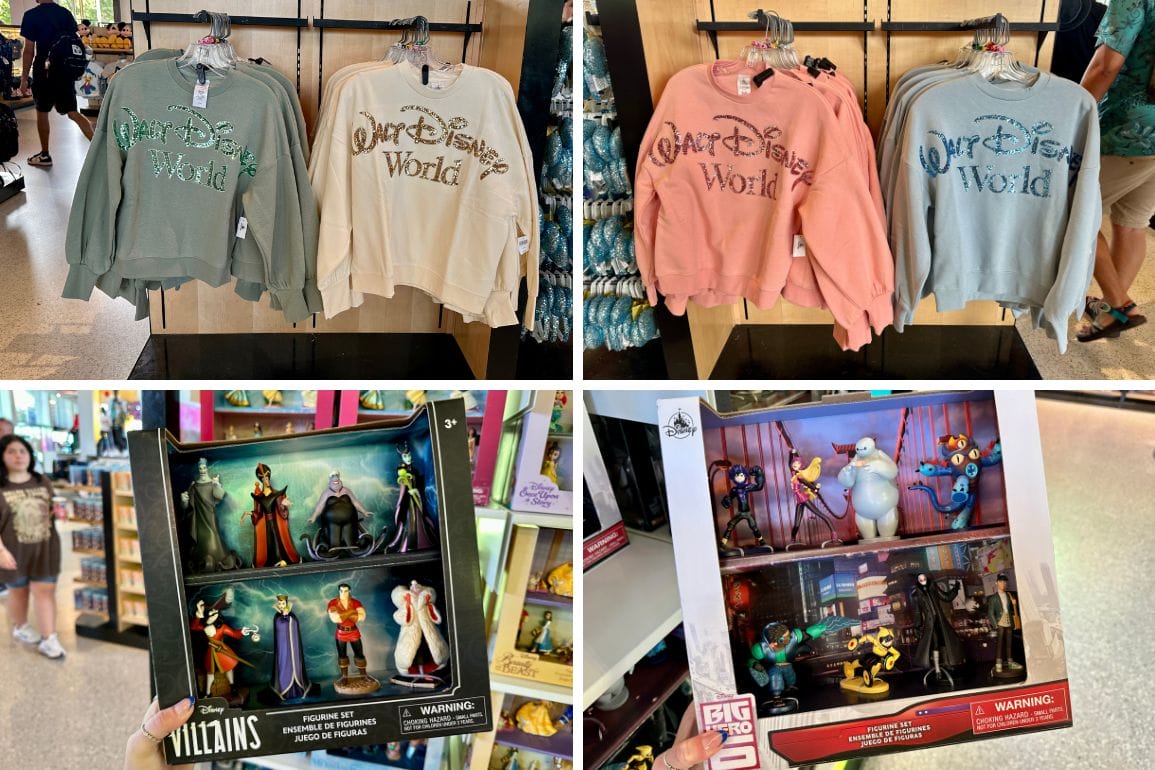 Four Disney World sweatshirts on display above boxed EPCOT and Disney Villains figurine sets in this PHOTO REPORT.
