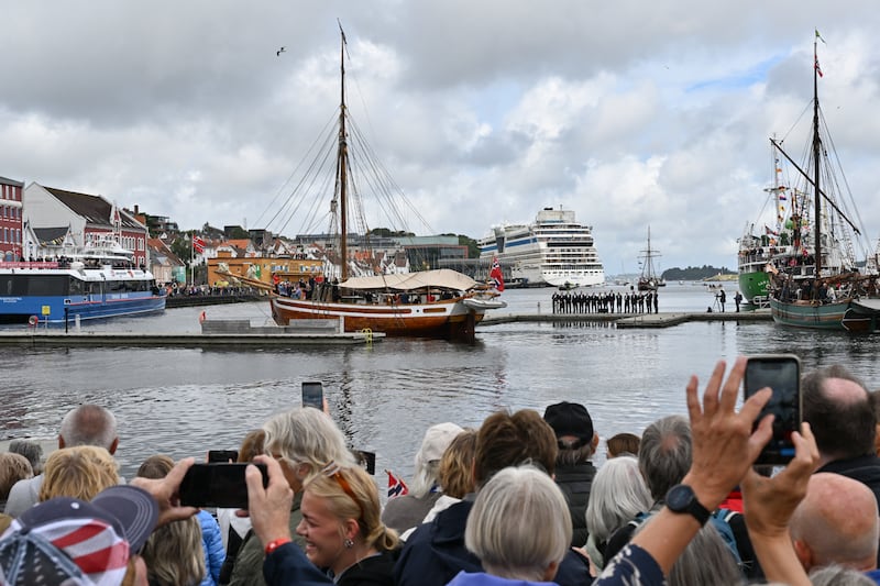 A replica of the Restauration ship in Stavanger, Norway, on July 4, 2025. The ship set sail exactly 200 years after the original Restauration did and is currently retracing the ship’s voyage to America.