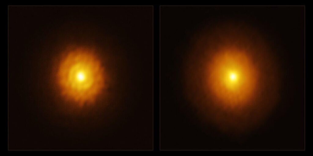 Astronomers have detected a giant exoplanet, between three and ten times the size of Jupiter hiding in the swirling disk of gas and dust surrounding a young star