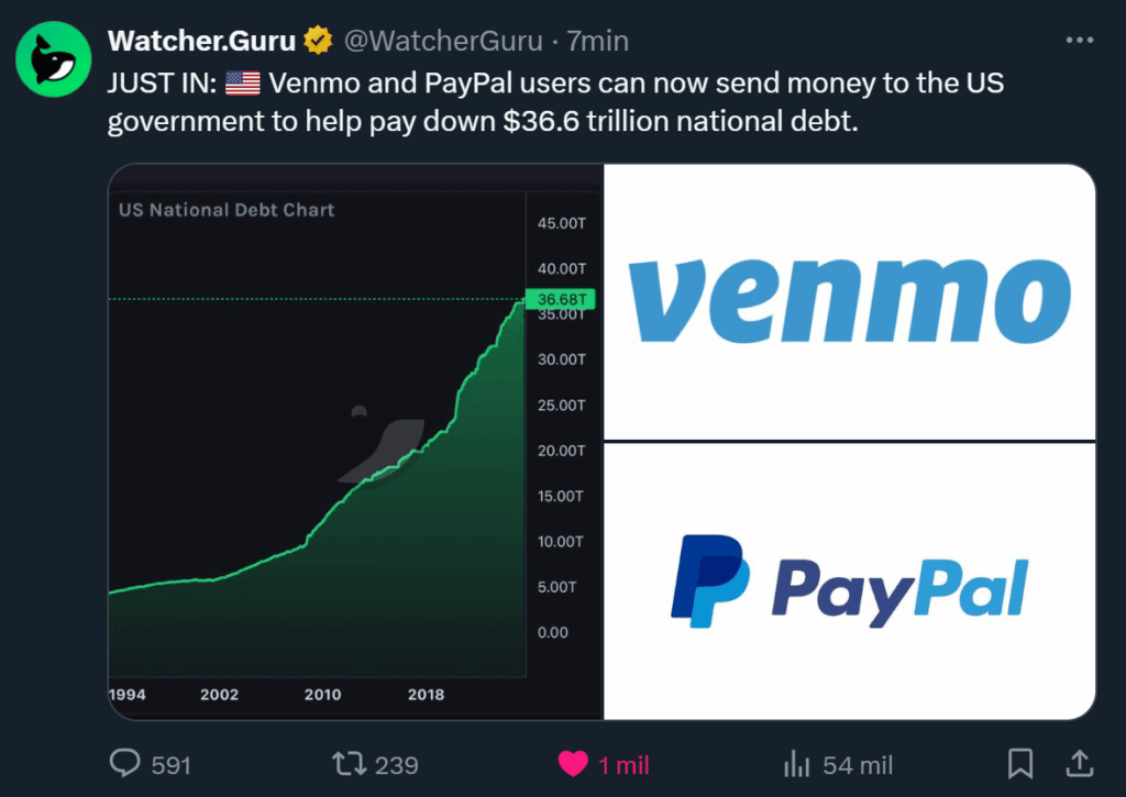 Venmo and PayPal users can now send money to the US government to help pay down $36.6 trillion national debt.