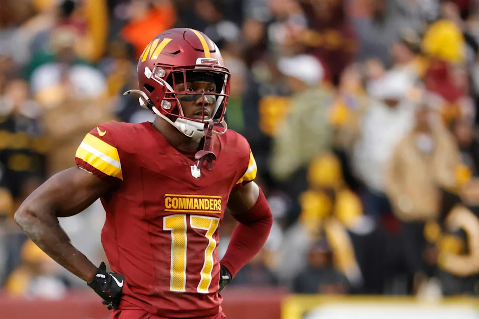 Nov 10, 2024; Landover, Maryland, USA; Washington Commanders wide receiver Terry McLaurin (17) looks on from the field during final minute of the game against the Pittsburgh Steelers at Northwest Stadium.Mandatory Credit&colon; Amber Searls-Imagn Images