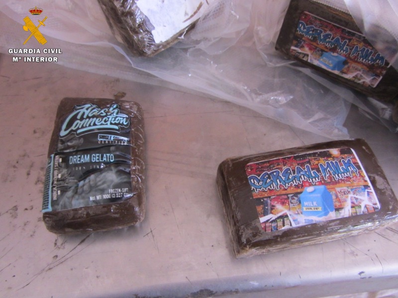 Seized cannabis resin packages labeled "Dream Gelato" and "Cereal Milk."
