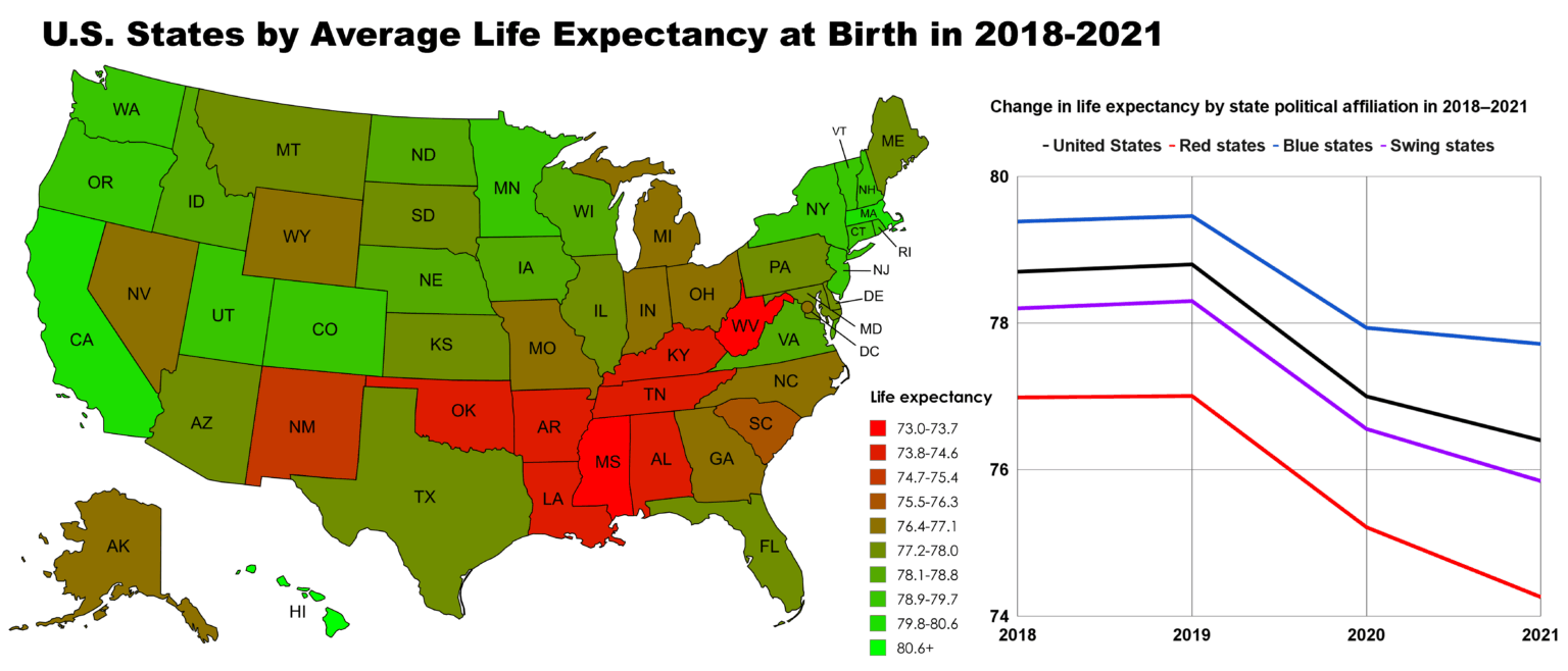 [OC] U.S. States by Life Expectancy at Birth in 2018-2021