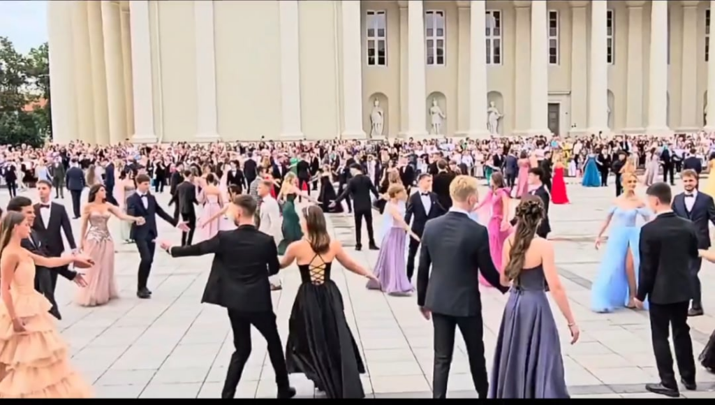 Like every year Highschool graduates dance Polonez in center of Vilnius