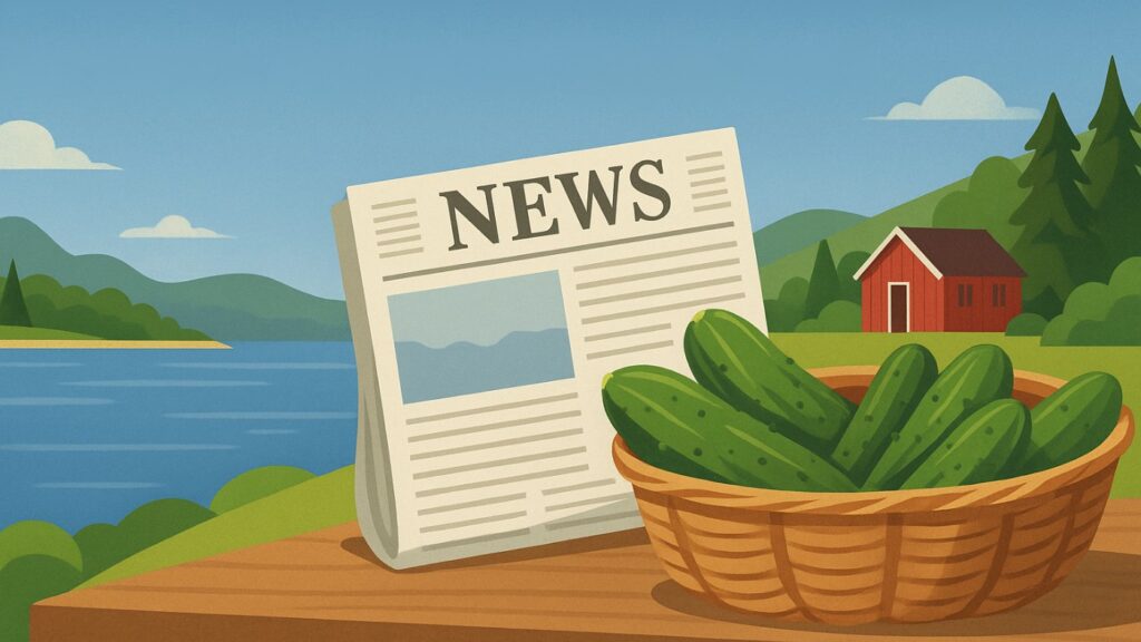 A bowl of cucumbers and a newspaper by a fjord in Norway.