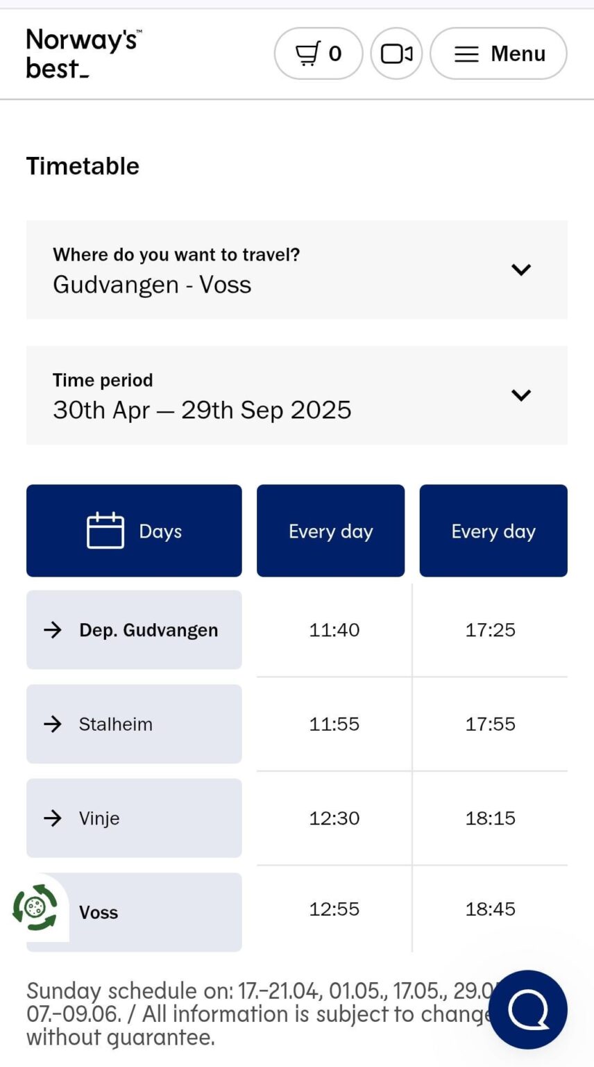 Bus from Gudvangen to Voss Times Bus from Gudvangen to Voss Times