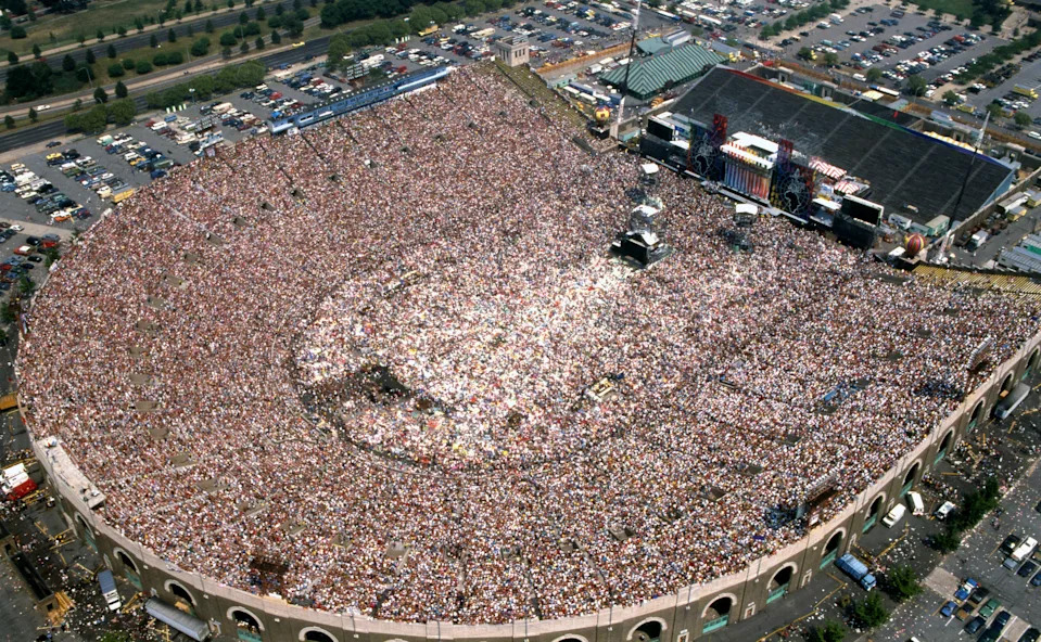 Aerial view of the more than 90,000 music lovers jamming the JFK Stadium in Philadelphia.