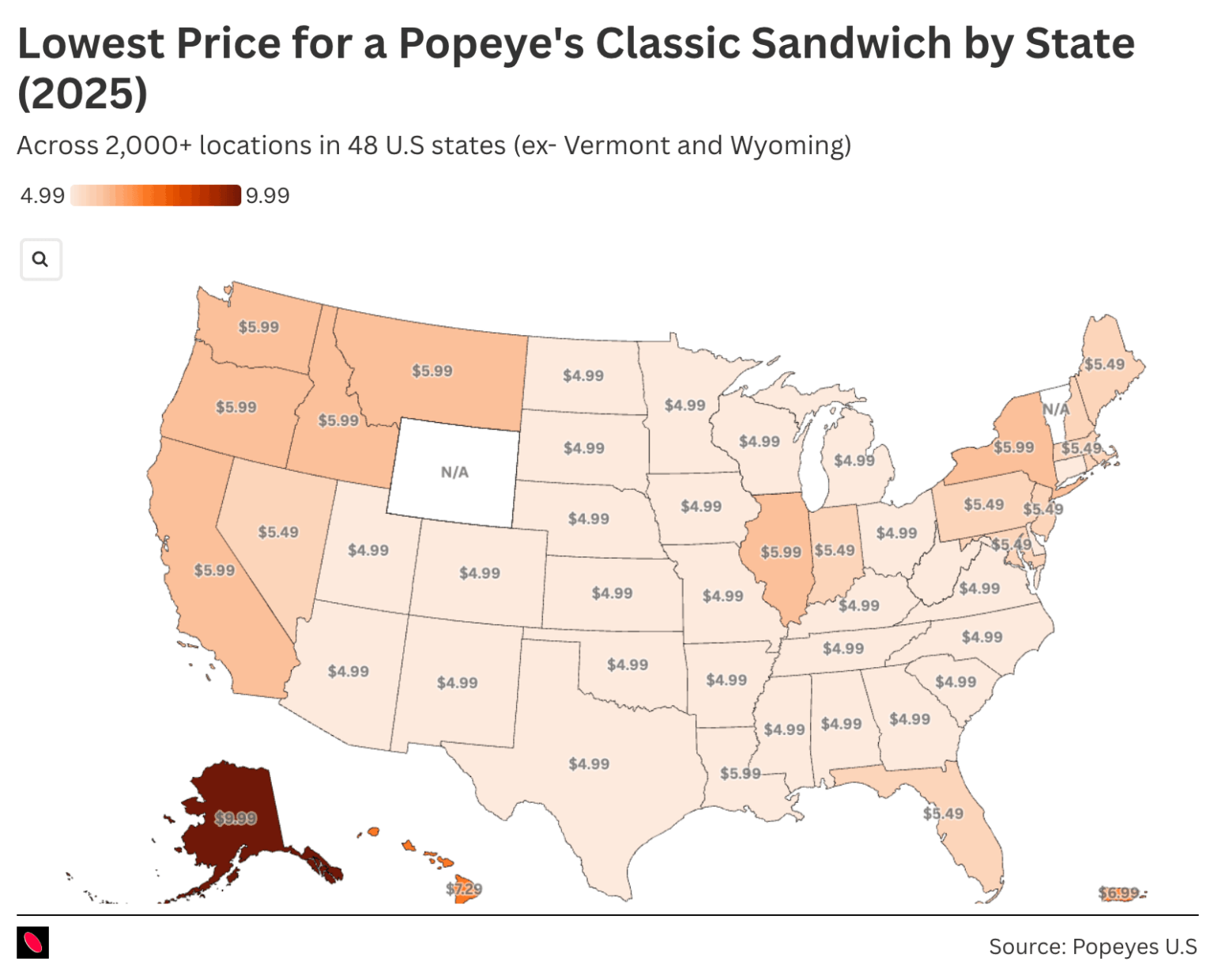 Price of Popeye's Classic Chicken Sandwich by State (2025)