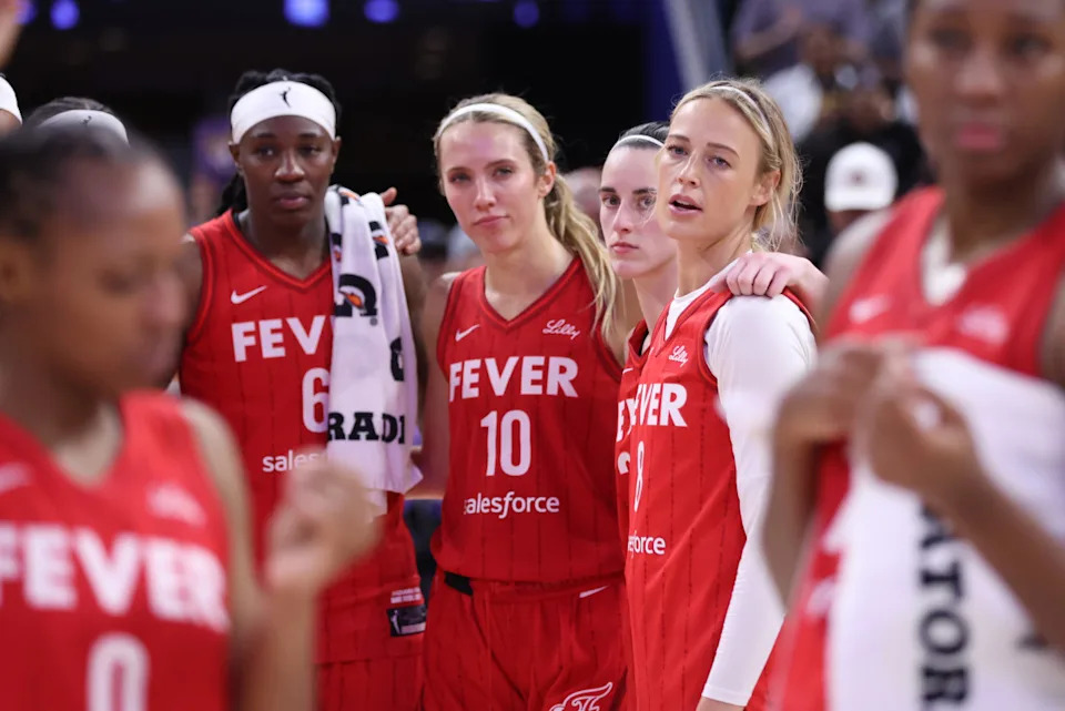 Indiana Fevers' Natasha Howard, Lexie Hull, Caitlin Clark and Sophie Cunningham watch as Golden State Valkyries celebrate their 88-77 win in WNBA game at Chase Center in San Francisco on Thursday, June 19, 2025. (Photo by Scott Strazzante/San Francisco Chronicle via Getty Images)San Francisco Chronicle&sol;Hearst Newspapers&sol;Getty Images
