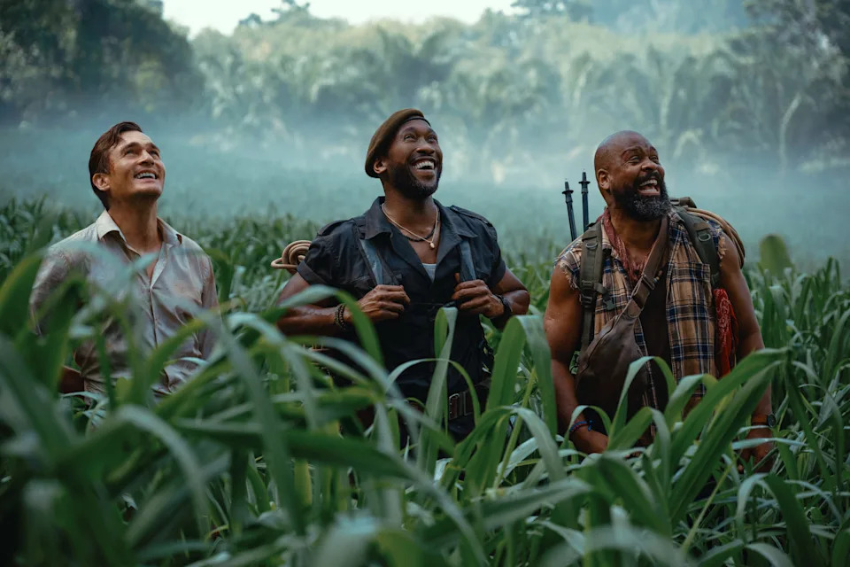 Left to right: Rupert Friend as Martin Krebs, Mahershala Ali as Duncan Kincaid, and Bechir Sylvain as Leclerc in "Jurassic World Rebirth."