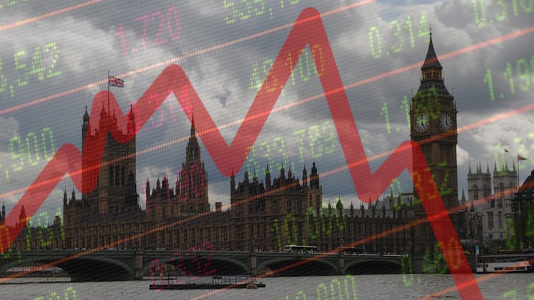 House of Commons with red graph overlay and digital financial figures.