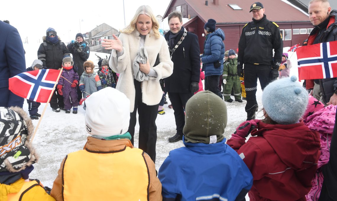 April 20, 2022: Norway’s Crown Princess Mette-Marit greets visitors during her visit to the public library in Longyearbyen, Svalbard.