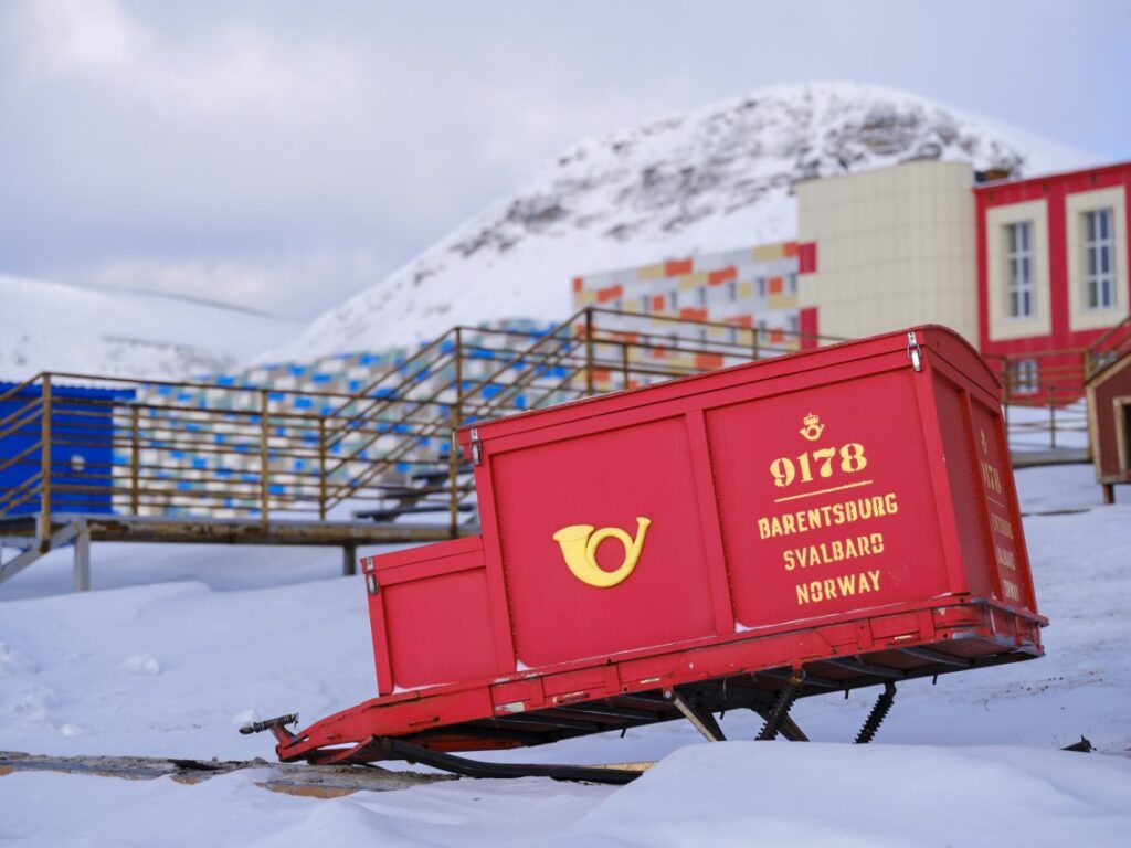 A mail sled outside the post office in Barentsburg, Svalbard’s second-largest settlement. Russian nationals predominantly inhabit this coal-mining town.