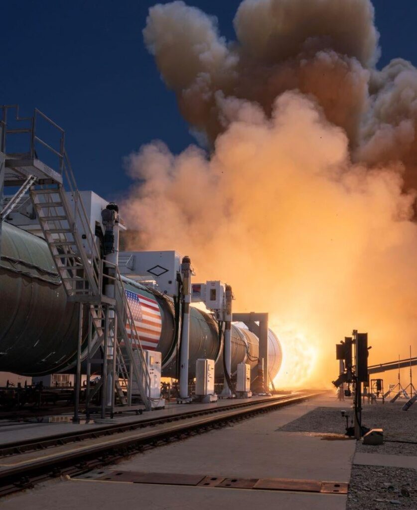 SLS Block 2 booster (Artemis IX+) executing the program’s first static test fire this week [credit: Northrop Grumman]