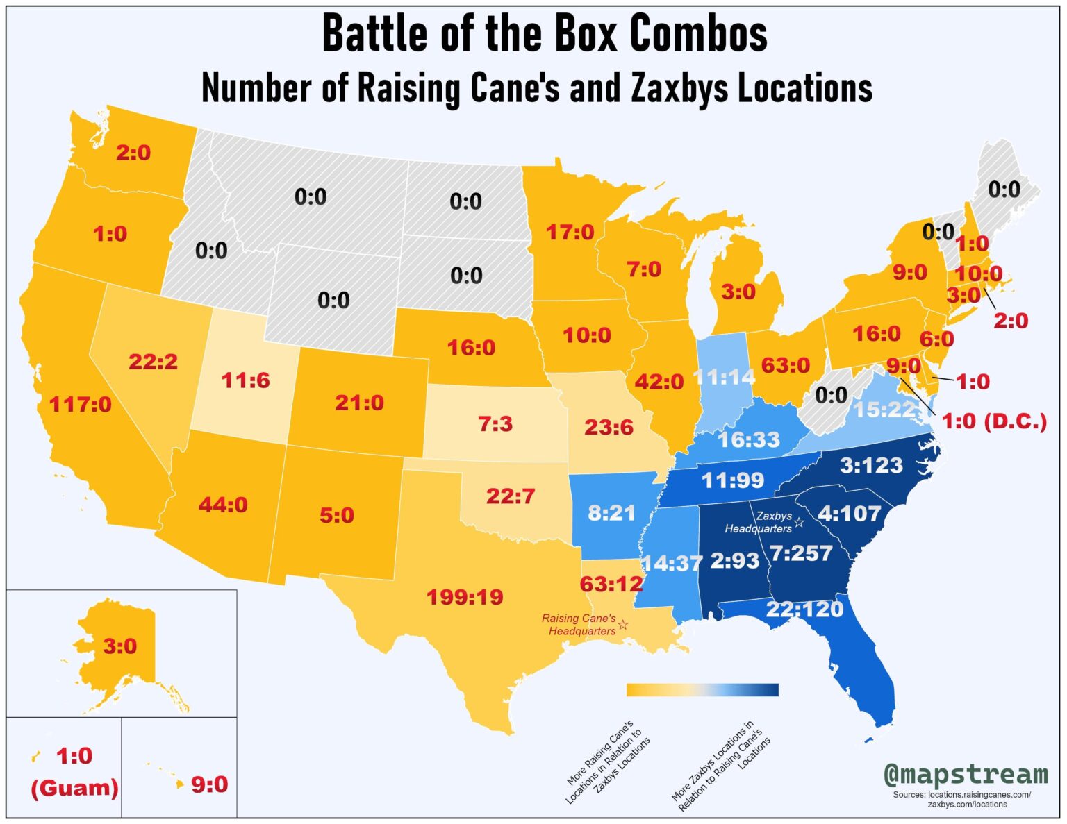 [OC] Comparing the number of Raising Cane’s and Zaxbys locations