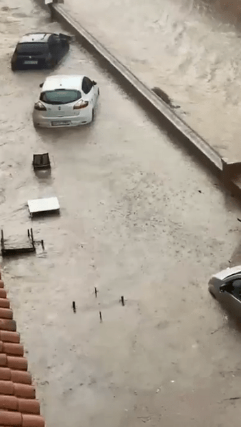 Cars partially submerged in floodwater.