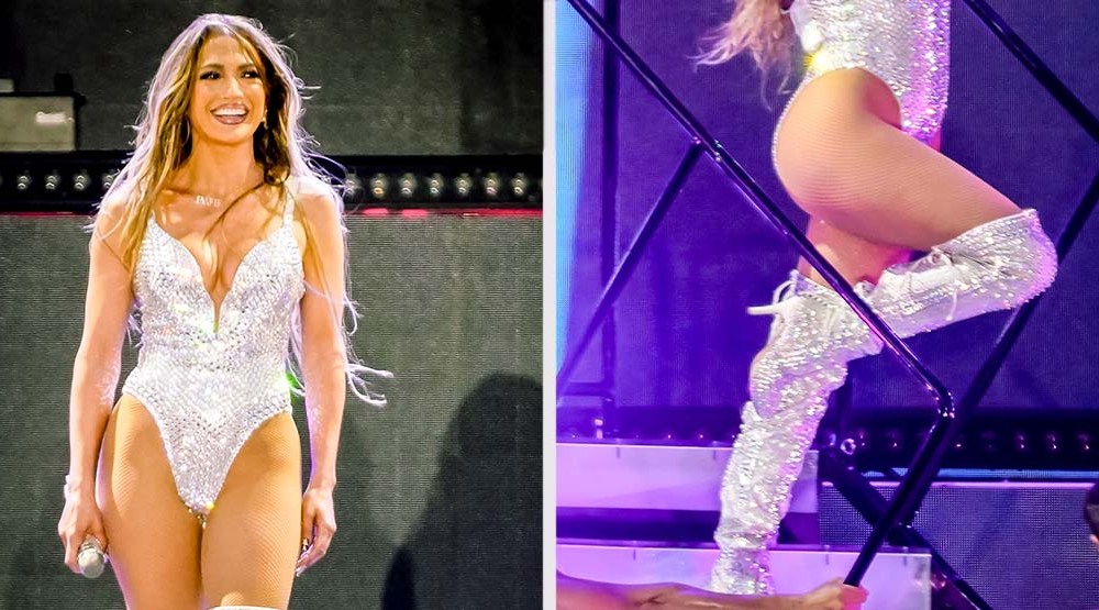 Jennifer Lopez performing in silver thigh-high boots, a pop star staple, during her concert in Pontevedra, Spain.