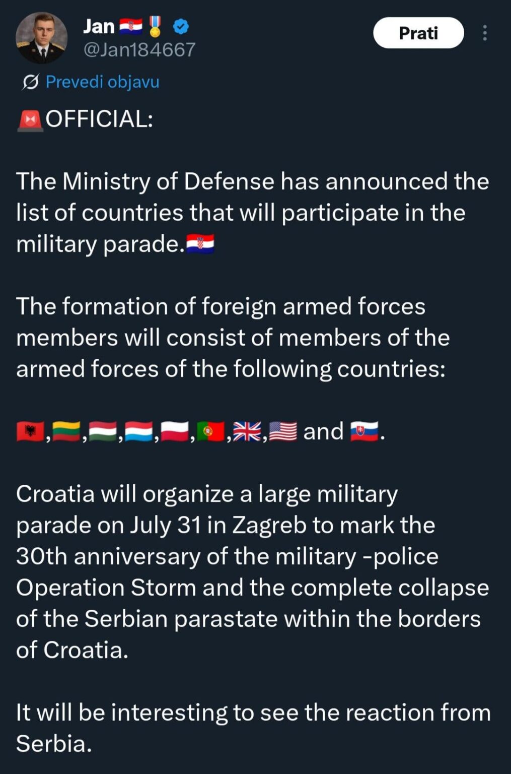 Considering very strong partnership of Kosovo and Croatia, how come Kosovo didn't join Croatia's military parade for operation Storm?