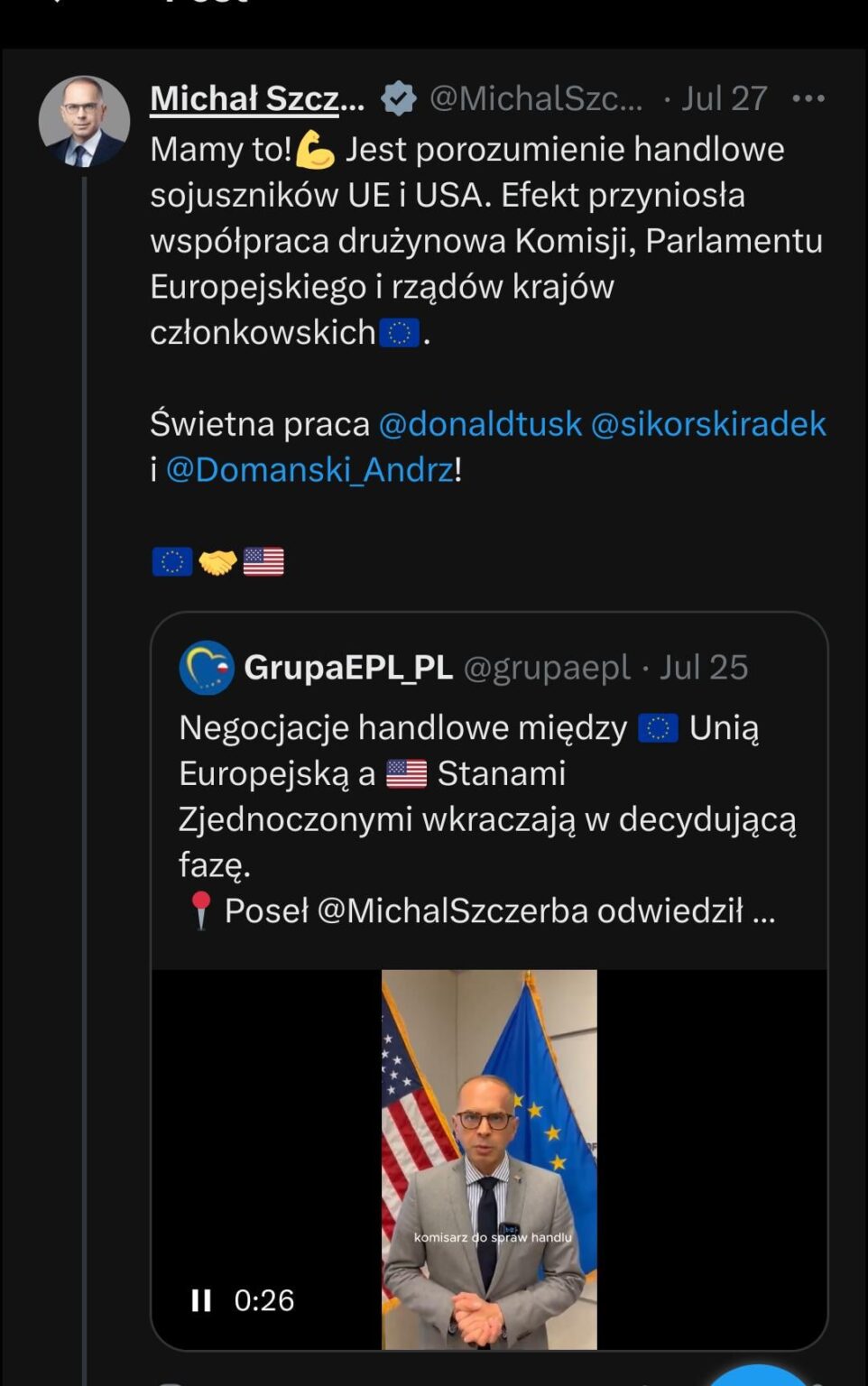 Polish MEP Michał Szczerba Celebrating The EU-Us "Deal"