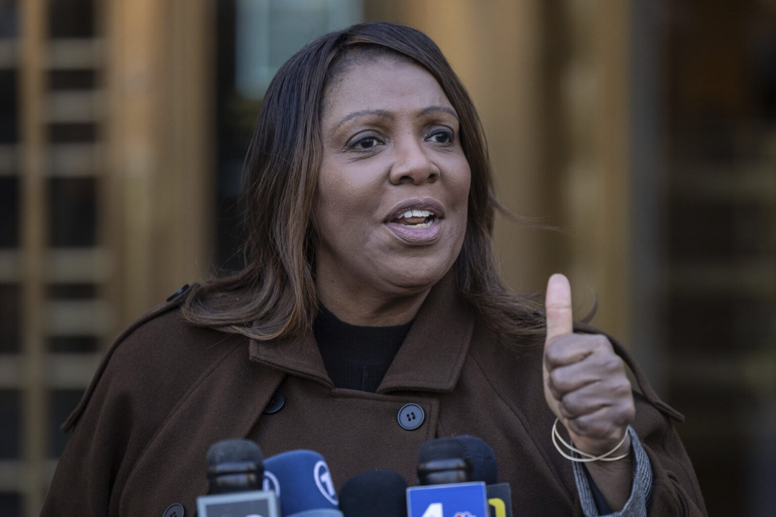 New York Attorney General Letitia James speaks during a news conference outside Manhattan federal court, Friday, Feb. 14, 2025, in New York. Photo: Yuki Iwamur/AP